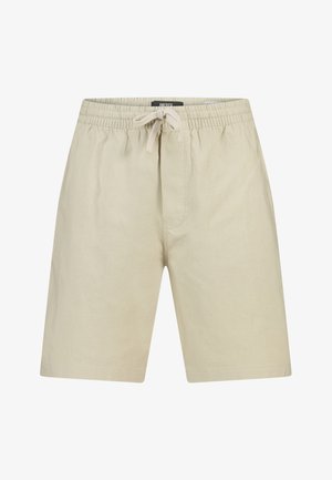 Beige knielange Shorts mit elastischem Bund und vorderer Bindeschnur. Einfacher, legerer Stil ohne sichtbare Taschen oder Muster.