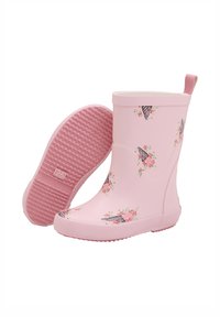 Bottes de pluie en caoutchouc rose avec motifs de cornet de glace et floraux, semelle texturée, bout arrondi et languette à l'arrière pour un enfilage facile.