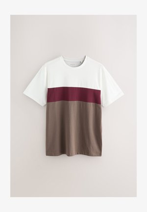 Lühikeste varrukatega T-särk ümar kaelusega, millel on valged, burgundia ja pruunid värvikuhjad, valmistatud pehmest puuvillakangast.