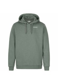 Felpa verde in cotone con tasca a marsupio frontale, cappuccio con cordoncino e un piccolo logo sul petto, con polsini e orlo a coste.