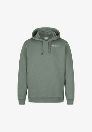Felpa verde in cotone con tasca a marsupio frontale, cappuccio con cordoncino e un piccolo logo sul petto, con polsini e orlo a coste.