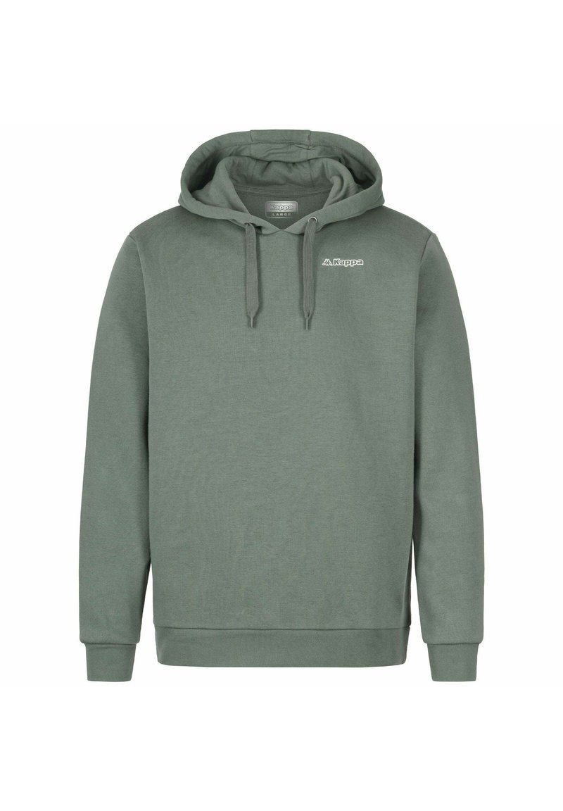 Felpa verde in cotone con tasca a marsupio frontale, cappuccio con cordoncino e un piccolo logo sul petto, con polsini e orlo a coste.