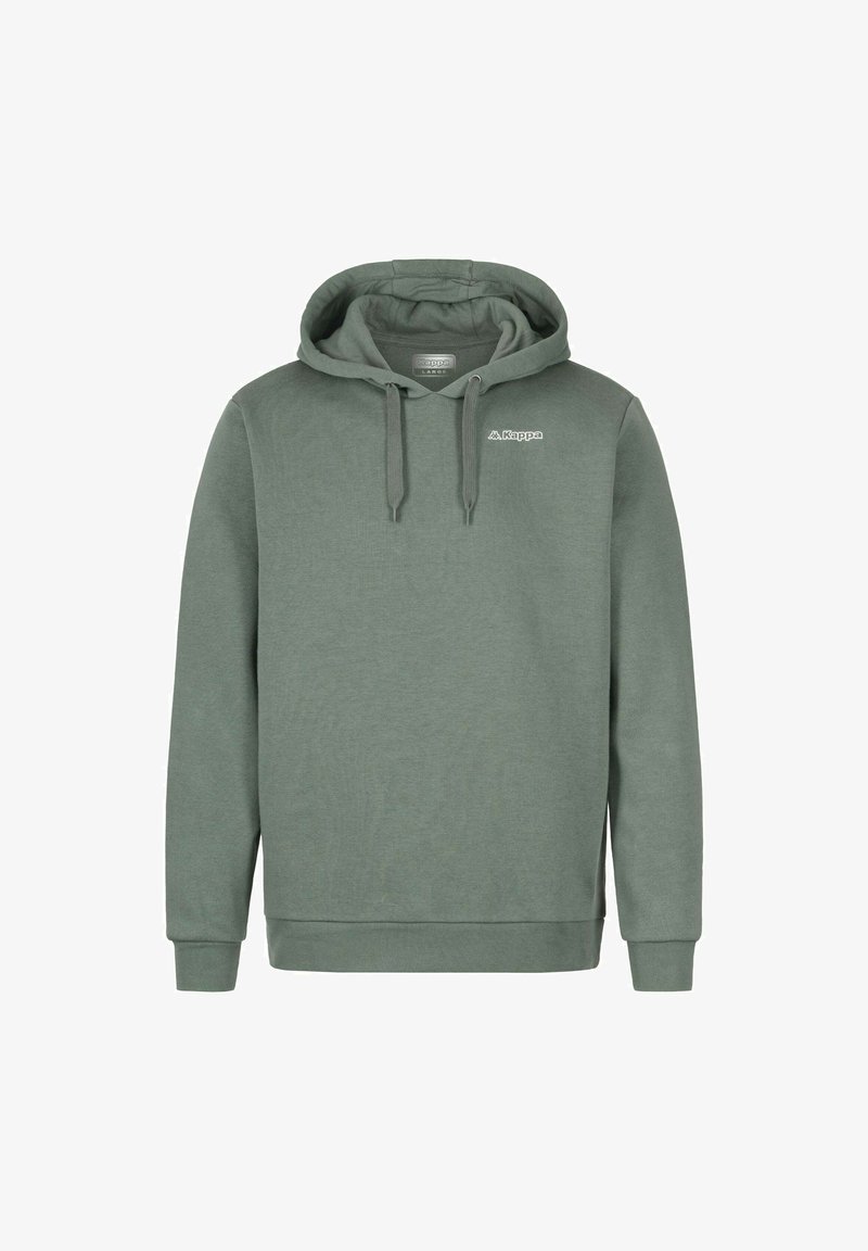 Felpa verde in cotone con tasca a marsupio frontale, cappuccio con cordoncino e un piccolo logo sul petto, con polsini e orlo a coste.