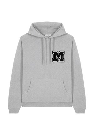 Felpa grigia in cotone, dotata di una tasca frontale a marsupio, polsini a costine e un logo nero "M" sul petto. Design semplice e rilassato.