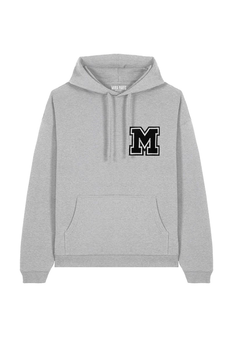 Felpa grigia in cotone, dotata di una tasca frontale a marsupio, polsini a costine e un logo nero "M" sul petto. Design semplice e rilassato.