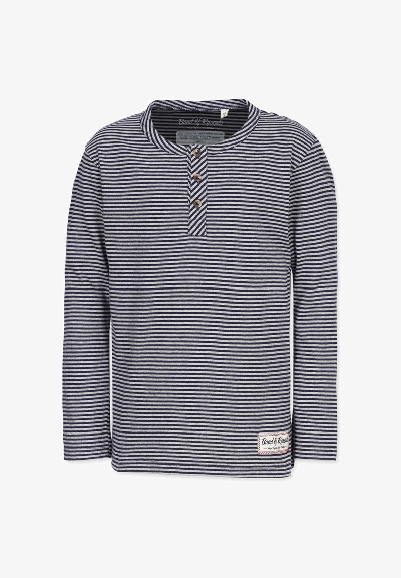 Langærmet, navy- og gråstribet T-shirt med rund hals, tre-knaps placket og et syet mærke i kanten. Blødt bomuldsstof.