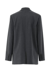 Grau blazer aus strukturiertem Stoff, mit Spitzkragen und sechs Knopfakzenten an den Manschetten, von hinten präsentiert.