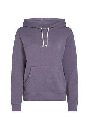 Paarse hoodie met een voorkantzak, voorzien van witte trekkoorden en ribgebreide mouwen. Gemaakt van zachte stof met een gestructureerde afwerking.