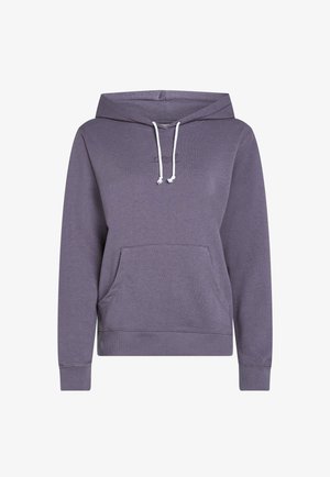 Purple hooded sweatshirt with a front pocket, featuring white drawstrings and ribbed cuffs. Made from soft fabric with a textured finish.