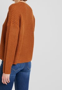 Maglione lavorato a maglia color ruggine con una trama strutturata, spalle basse e un taglio corto. Indossato con jeans blu, in evidenza dalla vista posteriore.