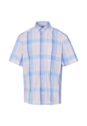 Korte mouw, overhemd met knopen, lichtblauw-wit geruit patroon en een enkele borstzak.