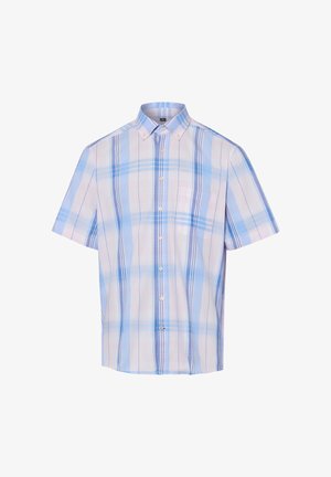 Korte mouw, overhemd met knopen, lichtblauw-wit geruit patroon en een enkele borstzak.