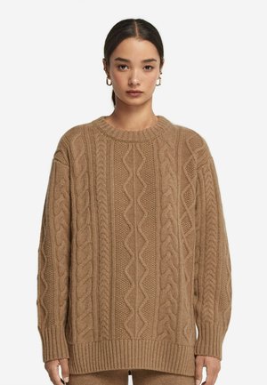 Maglione oversize a treccia di colore marrone chiaro, con scollatura rotonda e polsini a coste, arricchito da motivi di lavorazione diversi su tutta la superficie.