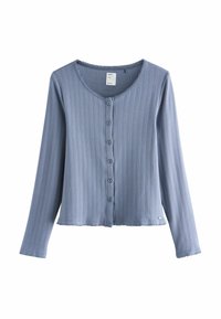 Hele sinine soonikkoes kardigan, millel on pikad varrukad, ümmargune kaelus ja kuus eesmist nuppu. Viimistletud sakiliste äärte ja tekstuuriga.