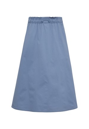 A knee-length, light blue skirt made of a smooth fabric with an elastic waistband and drawstring detail for adjustable fit.