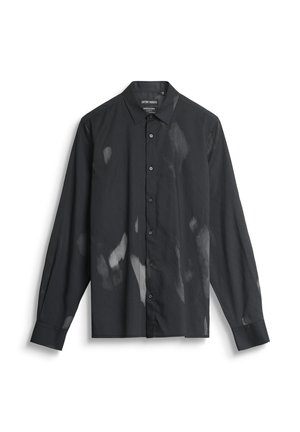 Black long-sleeve shirt featuring a button-down collar and mottled light gray patterns across the fabric, made of a smooth material.