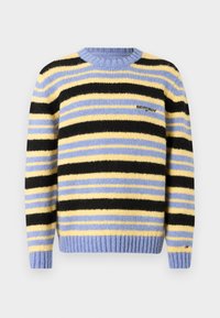 Pull rayé en bleu, jaune et noir. Encolure ronde, poignets et ourlet côtelés, avec le logo "tommy jeans" sur le devant. Texture douce.