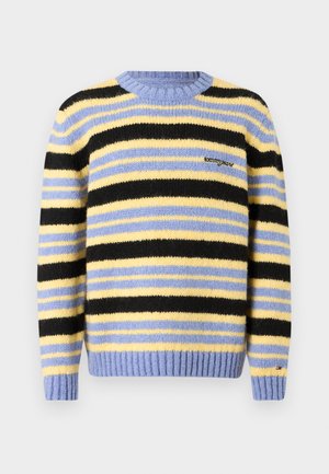 Svītrainais džemperis zilā, dzeltenā un melnā krāsā. Apaļš kakla izgriezums, ribotas aproces un apakšmala, ar "tommy jeans" logo priekšpusē. Mīksta tekstūra.