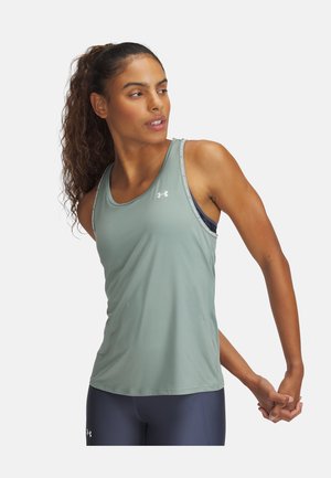 Light green athletic tank top with rounded neckline and racerback design. Features a smooth texture and reflective accents.