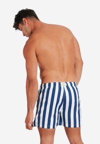 Blaue und weiße gestreifte Badehosen mit elastischem Bund und einem kleinen Logosticker auf der Rückseite. Entworfen für legere Strandbekleidung.