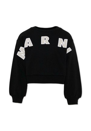 Felpa corta nera con maniche lunghe a sbuffo e grandi lettere bianche "MARNI" sul petto e sulle spalle.