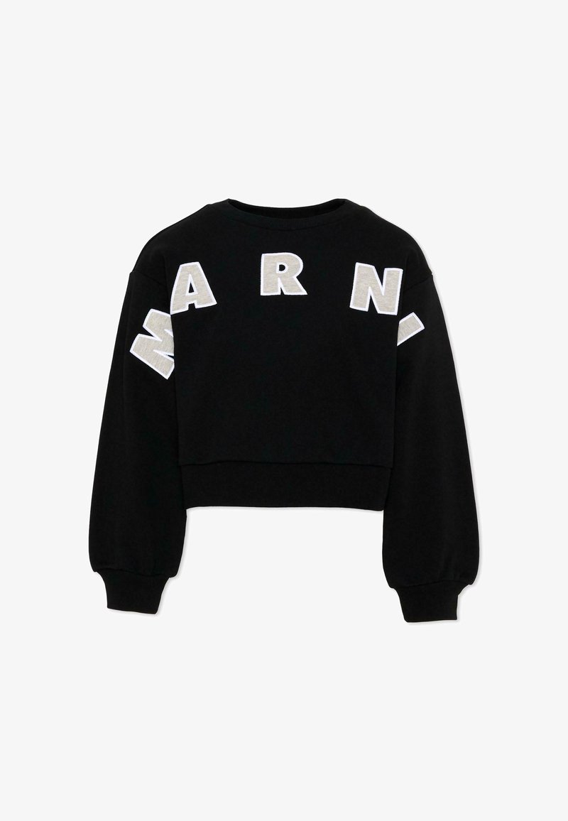 Sweat-shirt court noir avec manches longues bouffantes et grandes lettres blanches « MARNI » sur la poitrine et les épaules.