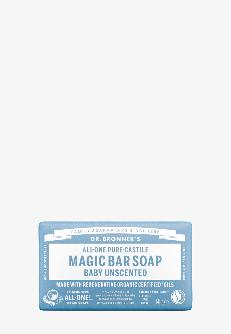 Dr. Bronners unparfümierte Baby Magic Bar Seife in blauer Verpackung, hergestellt mit regenerativ zertifizierten Bio-Ölen, 140g Stück für Körper, Gesicht und Hände.