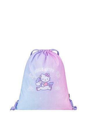 Pastelowy worek ze sznurkiem z Hello Kitty jadącą na jednorożcu i małymi ikonkami o tematyce kosmicznej na przedzie.