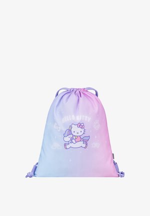 Pastellfarbener Kordelzugbeutel mit Hello Kitty, die auf einem Einhorn reitet, und kleinen weltraumbezogenen Symbolen vorne.