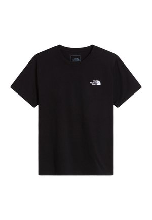 Camiseta negra de manga corta con cuello redondo y pequeño logo blanco de The North Face en el pecho izquierdo.