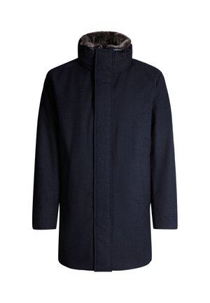 Marineblauer Mantel mit hohem Kragen und flauschigem Innenfutter. Verfügt über einen Frontreißverschluss und seitliche Taschen. Hergestellt aus strukturiertem Stoff.