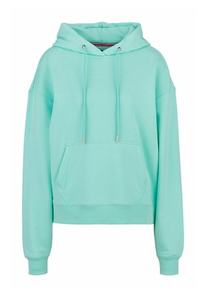 Muntgroene hoodie met een voorkeurszak, trekkoord capuchon en geribde manchetten. Gemaakt van zachte, gestructureerde stof met subtiele branding op de borst.