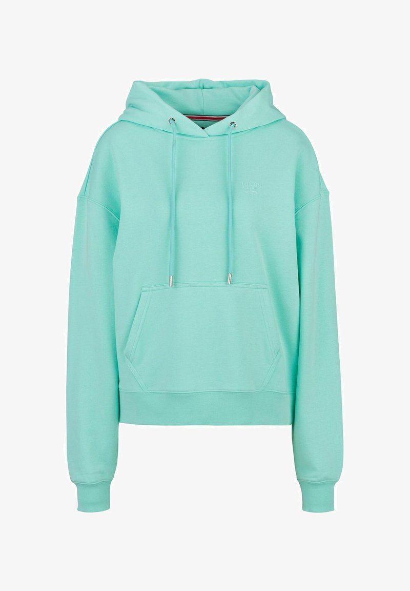 Muntgroene hoodie met een voorkeurszak, trekkoord capuchon en geribde manchetten. Gemaakt van zachte, gestructureerde stof met subtiele branding op de borst.