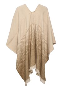 Beige poncho med V-ringning, med fiskbensmönster och fransade kanter. Designen övergår från ljusa till mörka nyanser av beige.