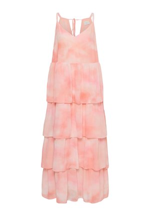 Obleka brez rokavov, večplastna maxi dolžina v nežni roza in beli barvi z vzorcem tie-dye, s tankimi naramnicami in zavezovanjem na hrbtni strani.