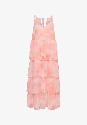 Obleka brez rokavov, večplastna maxi dolžina v nežni roza in beli barvi z vzorcem tie-dye, s tankimi naramnicami in zavezovanjem na hrbtni strani.
