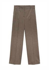 Pantalon marron droit avec petit motif à carreaux et passants de ceinture, posé à plat sur fond blanc.
