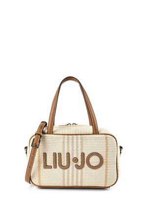 Sac à main rectangulaire beige en tissu tissé avec poignées en cuir marron et bandoulière ajustable, avec le logo "LIU JO" cousu sur le devant.
