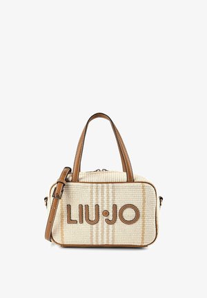 Sac à main rectangulaire beige en tissu tissé avec poignées en cuir marron et bandoulière ajustable, avec le logo "LIU JO" cousu sur le devant.