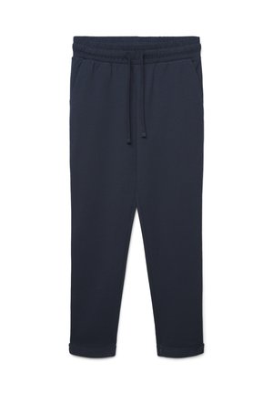 Pantaloni della tuta blu navy con vita elastica, dettaglio con coulisse, tasche laterali, gambe affusolate e risvolti arrotolati. Realizzati in morbido tessuto misto cotone.