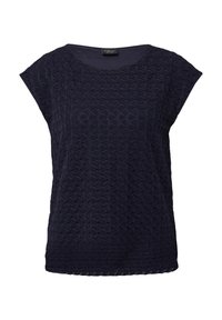Haut à manches courtes bleu marine avec un motif en diamant texturé. Encolure ronde et coupe ample, avec un ourlet légèrement arrondi.