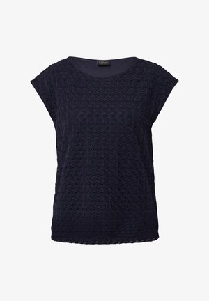 Marineblaue Kurzarmbluse mit einem strukturierten Diamantmuster. Rundhals und lockere Passform, mit einem leicht abgerundeten Saum.
