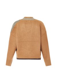 Lichtbruin gebreid sweater met grijze details op de schouders, geribbelde boorden en zoom, en gestreepte kraag, getoond van achteren op een witte achtergrond.