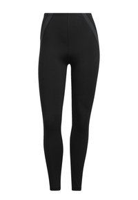 Schwarze Leggings aus dehnbarem, glattem Stoff mit elastischem Bund und kontrastierendem Seitenpaneeldesign. Keine sichtbaren Muster oder Metallteile.
