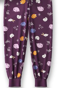 Paarse joggingbroek met een patroon van cartoon dieren met konijnen en kleine dieren, afgewerkt met geribbelde manchetten en botanische accenten.