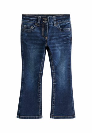 Dunkelblaue Kinderjeans aus Denim mit leichtem Verblassen, doppeltem Knopfverschluss und geraden Beinen.