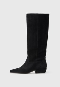 Botas de ante negras hasta la rodilla con punta afilada, tacón bajo y lados sin costuras. Diseño limpio sin hardware o acentos visibles.