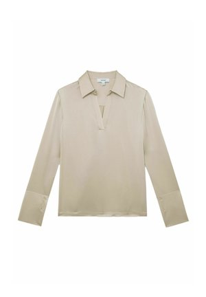 Beżowa bluzka z długim rękawem, dekoltem w szpic i mankietami zapinanymi na guziki, prezentowana na białym tle.