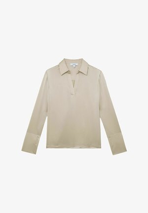 Beige bluse med lange ærmer, V-hals og manchetter med knapper, vist på hvid baggrund.