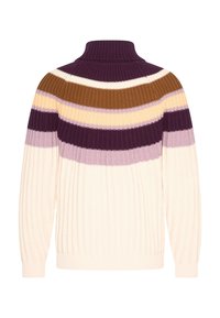 Ribbad polokrage tröja med horisontella ränder i lila, brunt, gult och krämfärgat; mjukt stickat material, avslappnad passform.